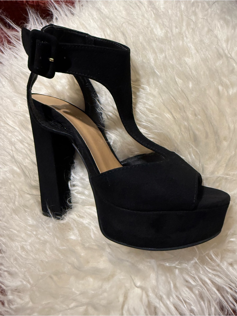Bamboo Black Suede Platform Heels | Chunky Heel Ankle Strap Sandals
